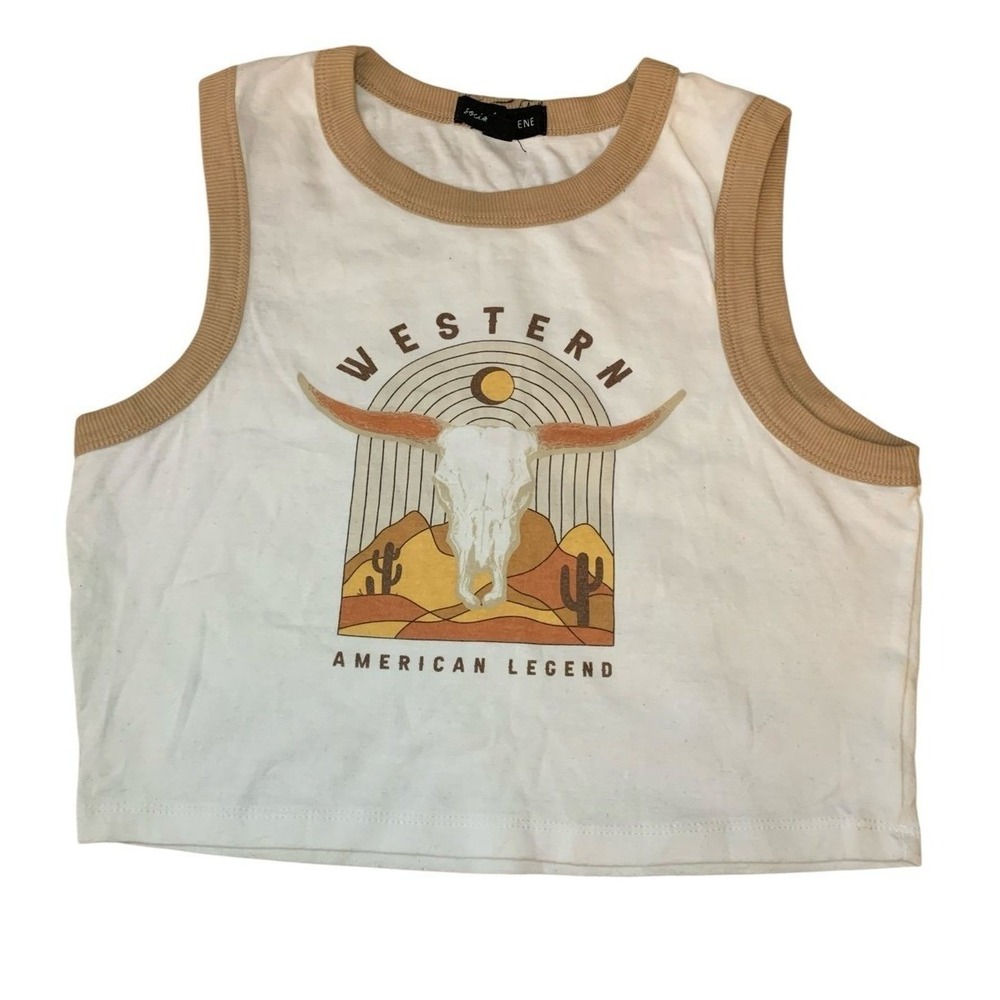 Social Scene Graphic Tank Top Womens Large White Western American Legend Crop